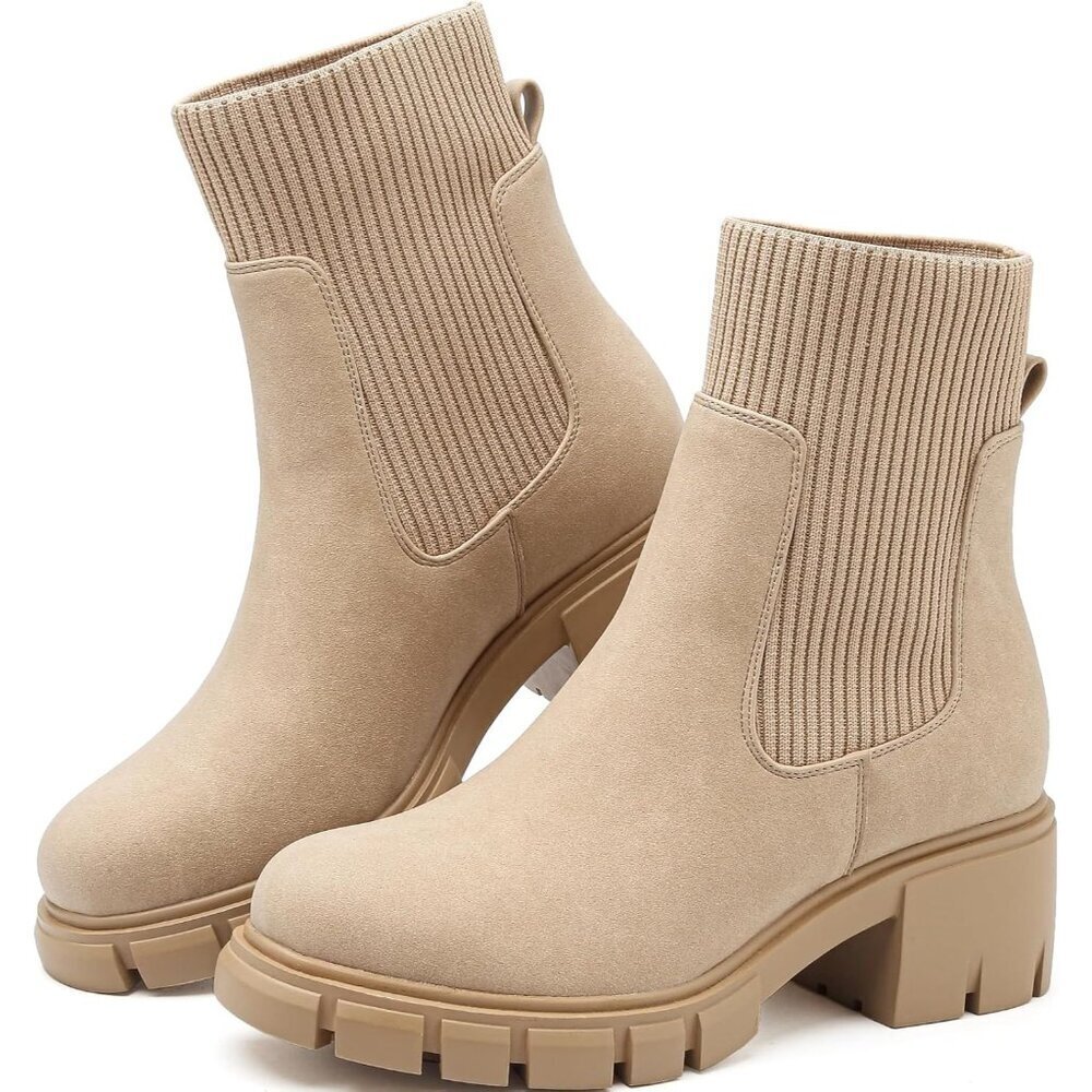 Bkwhday Women's Apricot Chelsea Platform Ankle Boots Fashion Chunky Heel